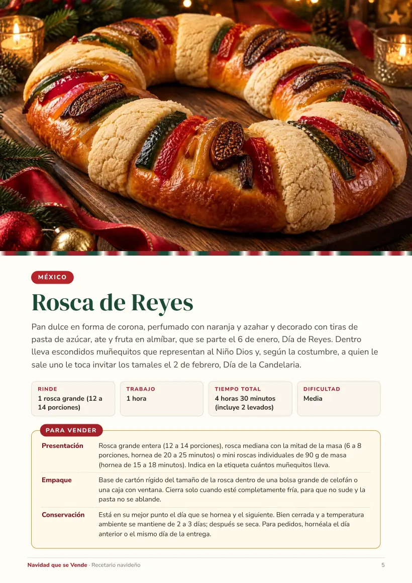 Página de la Rosca de Reyes con foto, rendimiento, tiempo, dificultad y la caja Para vender