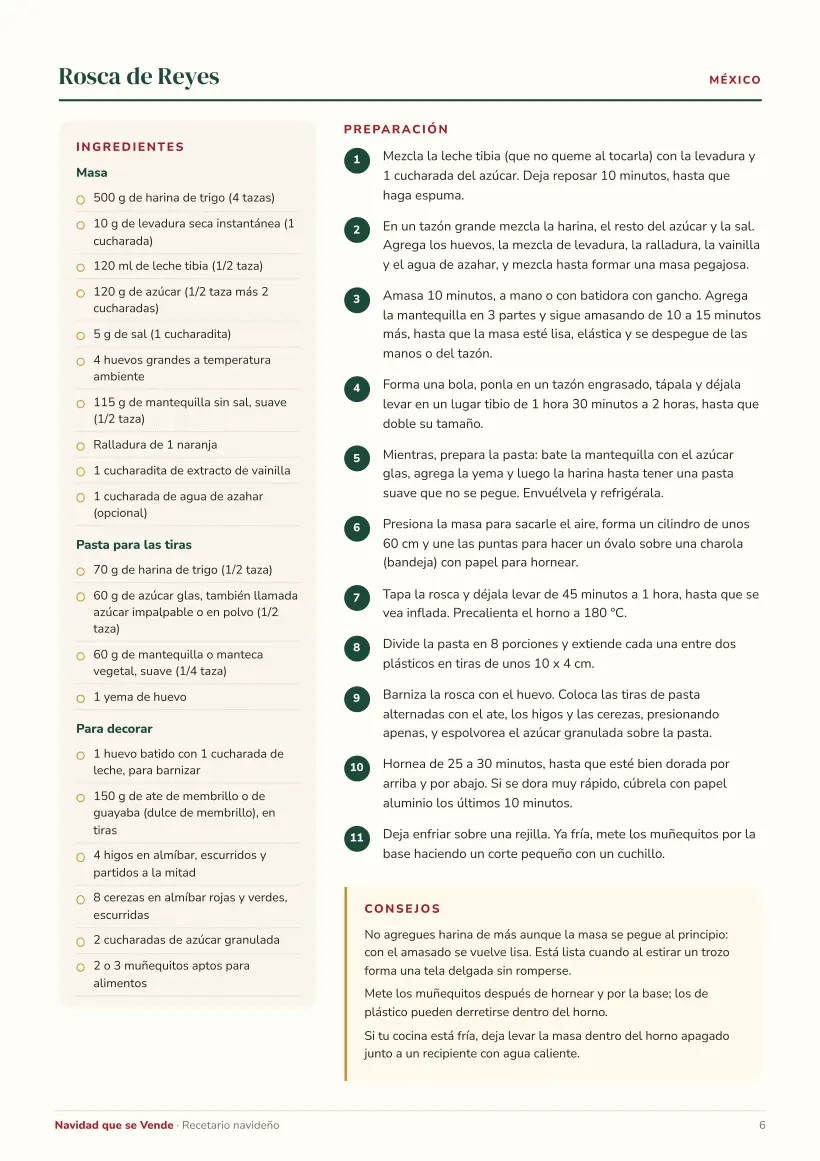 Página de ingredientes, preparación y consejos de la Rosca de Reyes